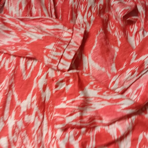 Chicos Size 2 Large Shirt Open Front Cardigan Salmon Orange White Knit Linen Top - Picture 8 of 9